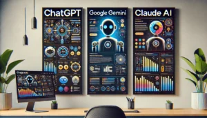 אנימציה של קיר במשרד עם פוסטרים של chatgpt, google gemini ו claude ai